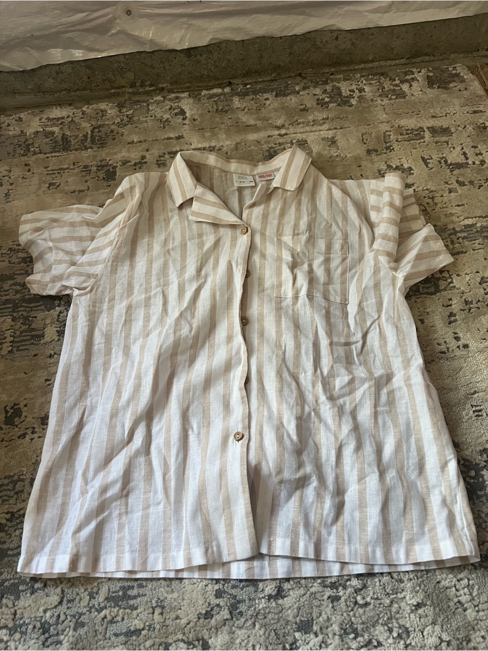Zara White Striped Linen Blend Button Down Shirt Size 9-10